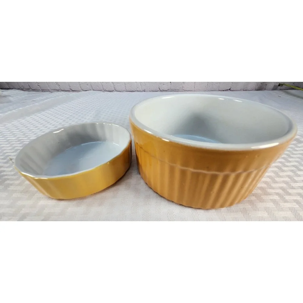 Vintage France Emile Henry Mustard Colored Ribbed Crock Baking Dish &  Ramekin H